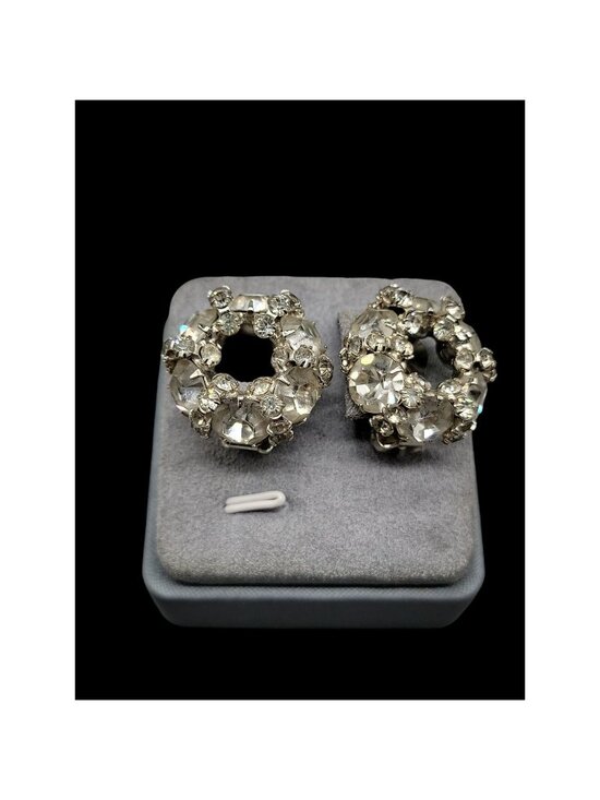Warner Jewelry - Signed Vintage Warner Clear Rhinestone Wreath Clip On Earrings 1950 Original Box